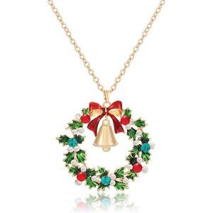 Christmas Necklace for Women Glitzy Rhinestone Wreath Bell Pendant Jewelry Gift